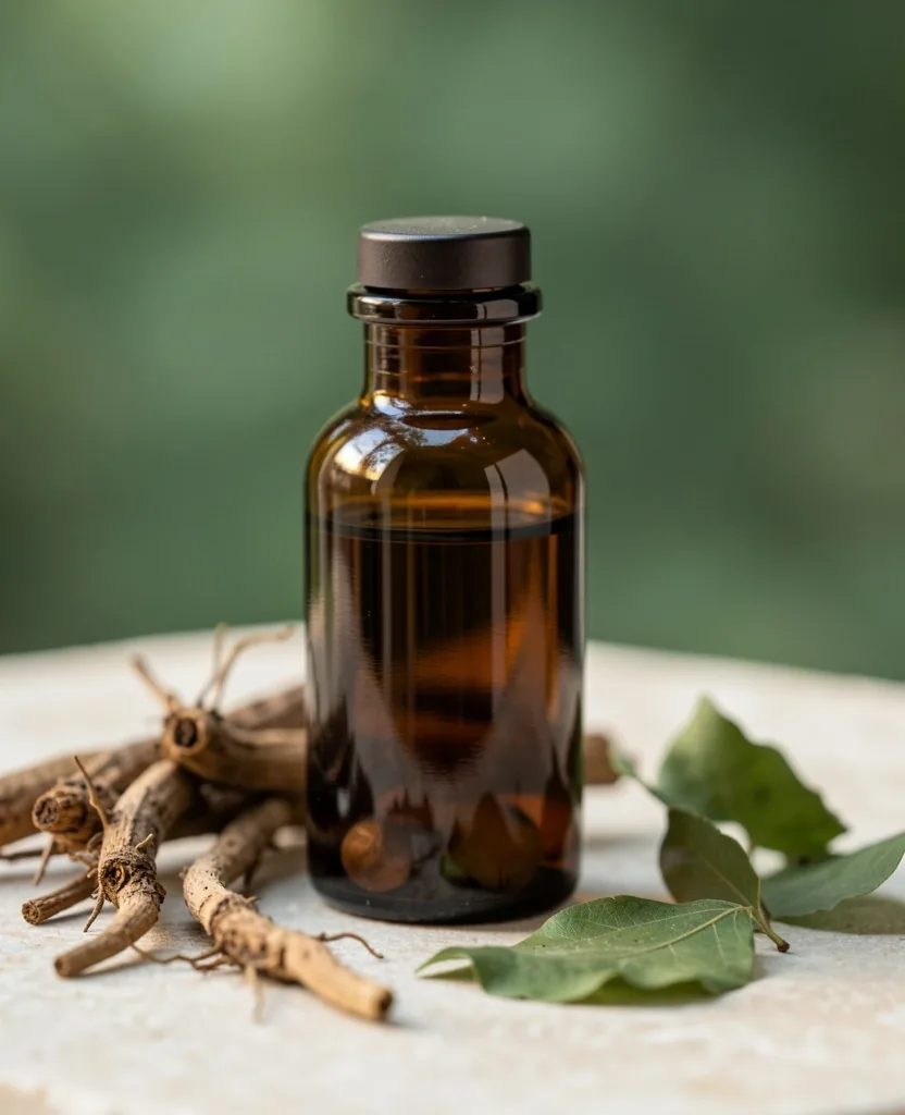 Apothecary bottle with botanical ingredients