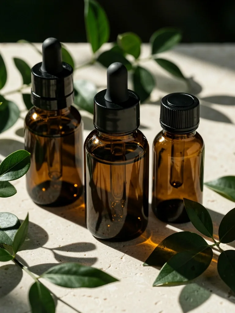 Botanical supplement bottles in natural light