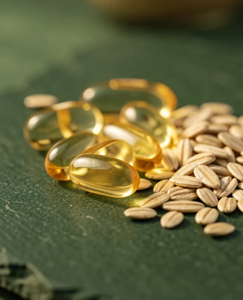 B-complex capsules and whole grains on dark green surface