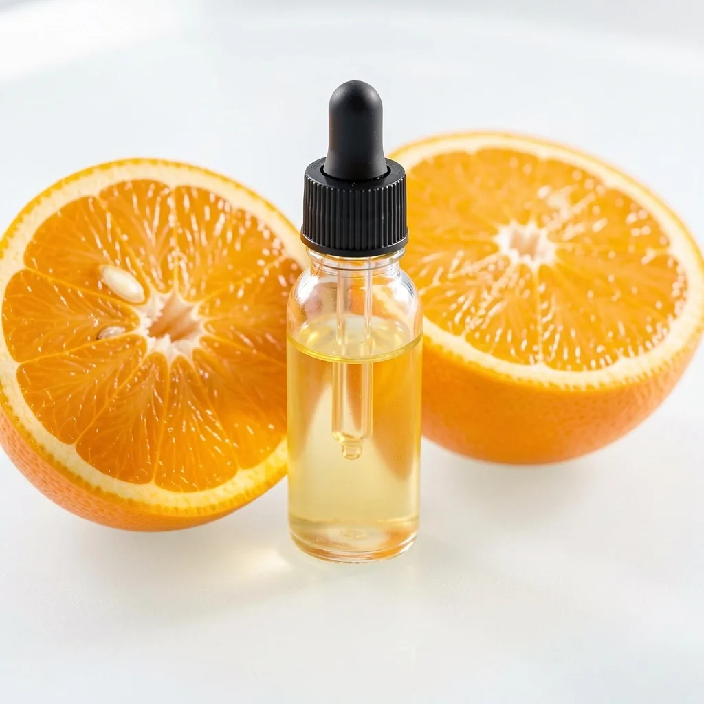 Citrus slices and vitamin D oil dropper on frosted surface