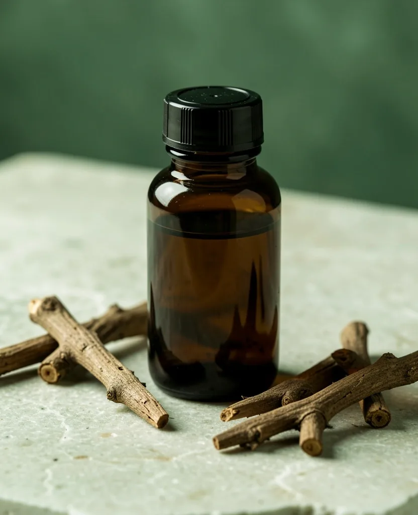 Dark amber apothecary bottle with botanical roots on stone surface