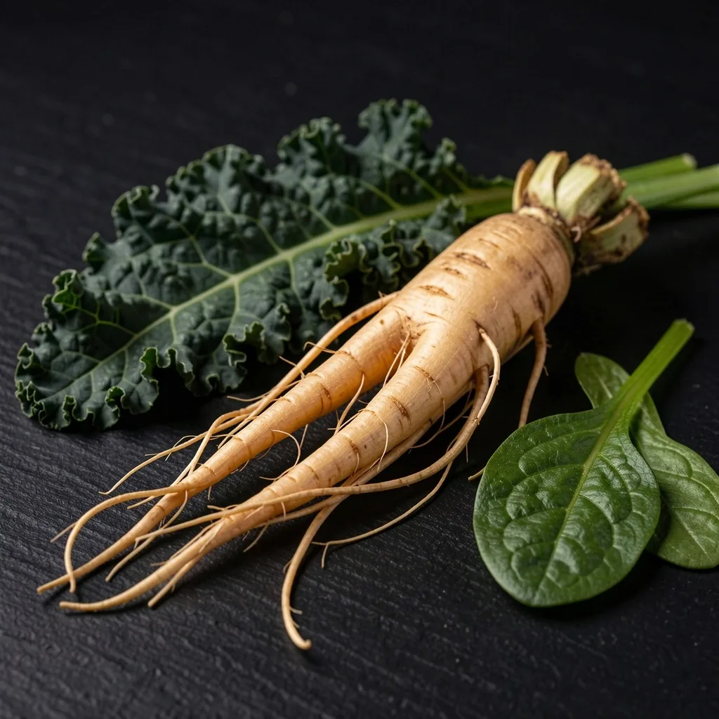Ginseng root and leafy greens on matte black surface