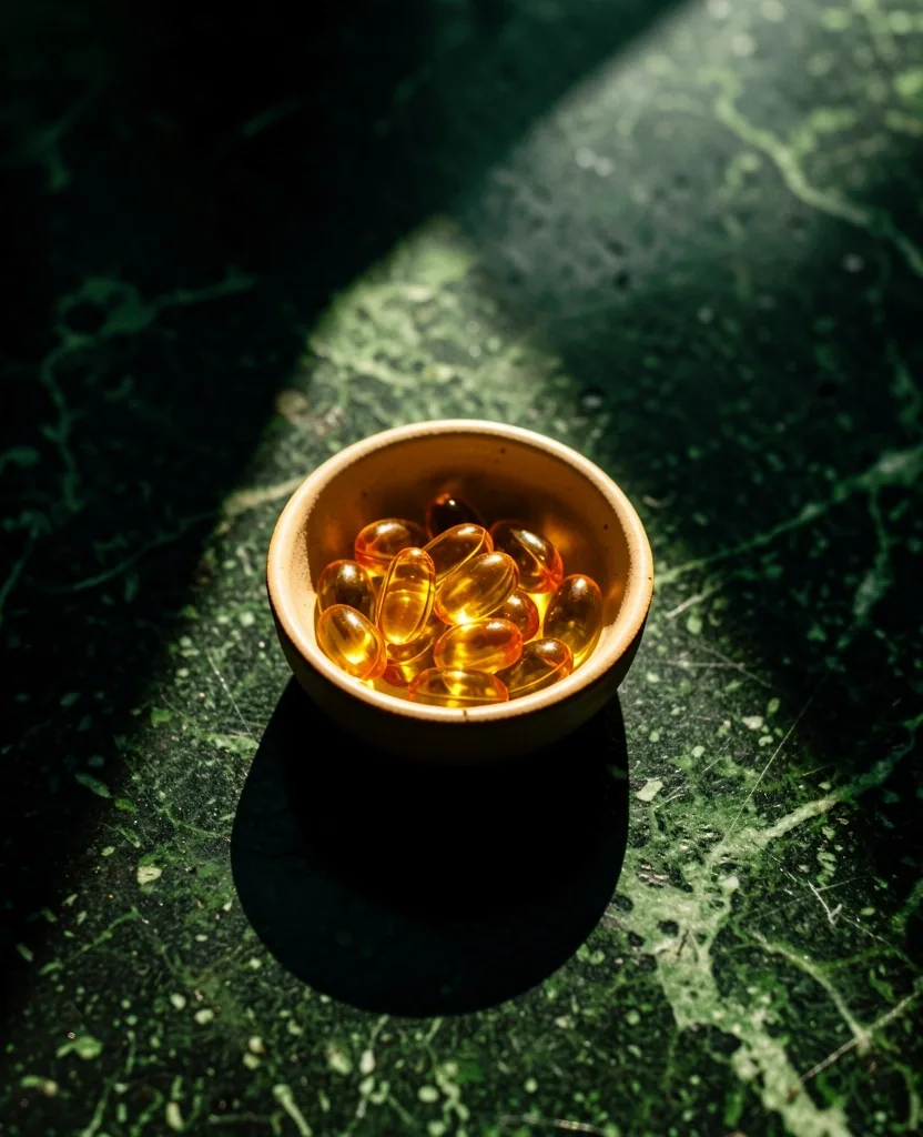 Golden amber oil capsules on stone surface in warm sunlight