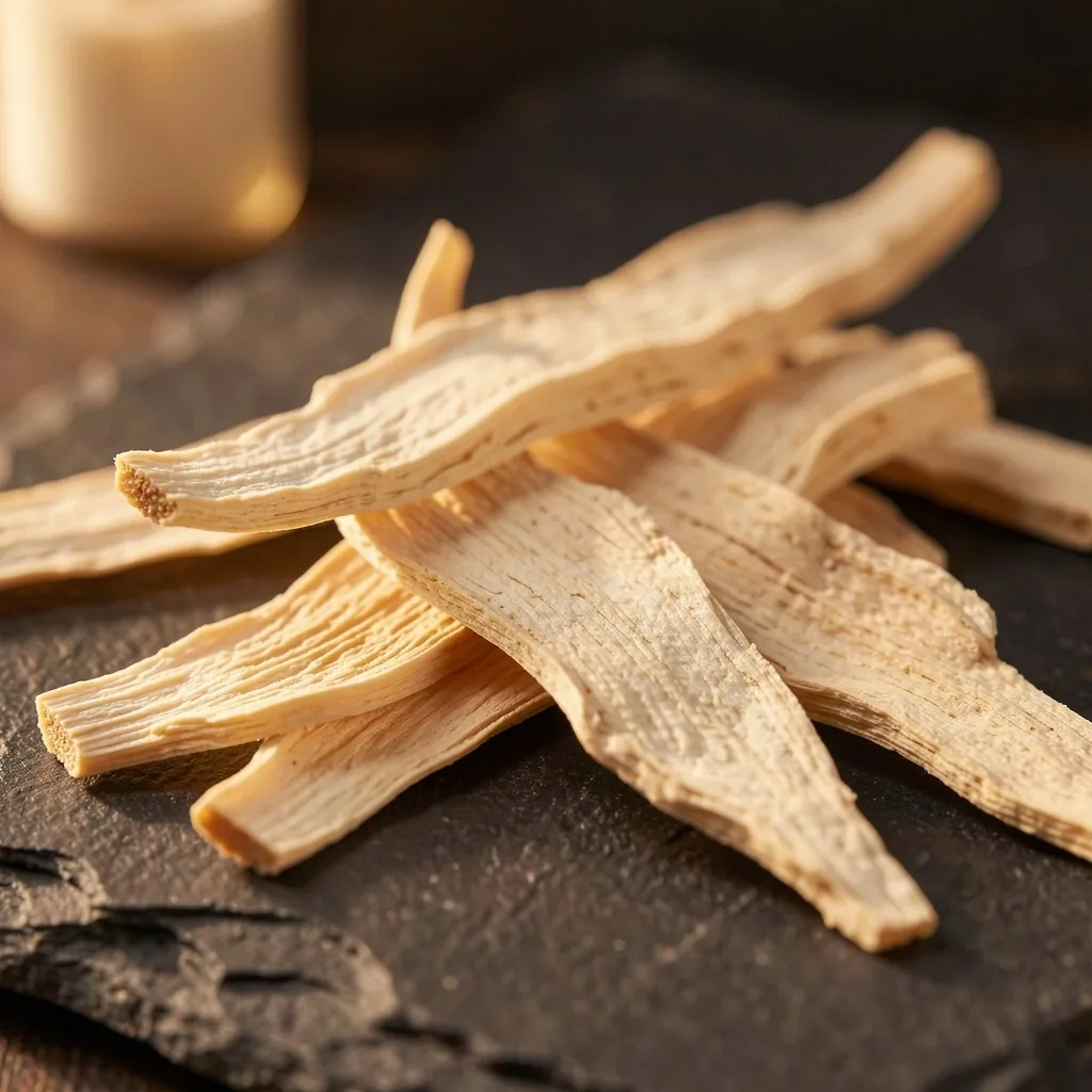 Dried ginseng root slices on stone
