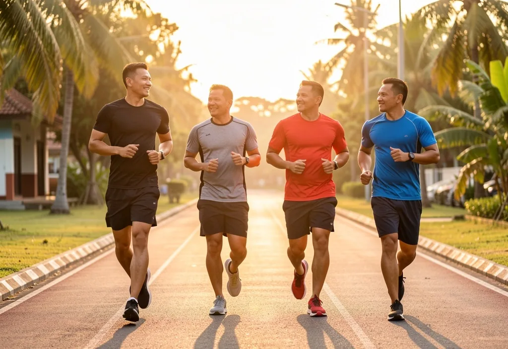 Group of men exercising together at a community track in Surabaya