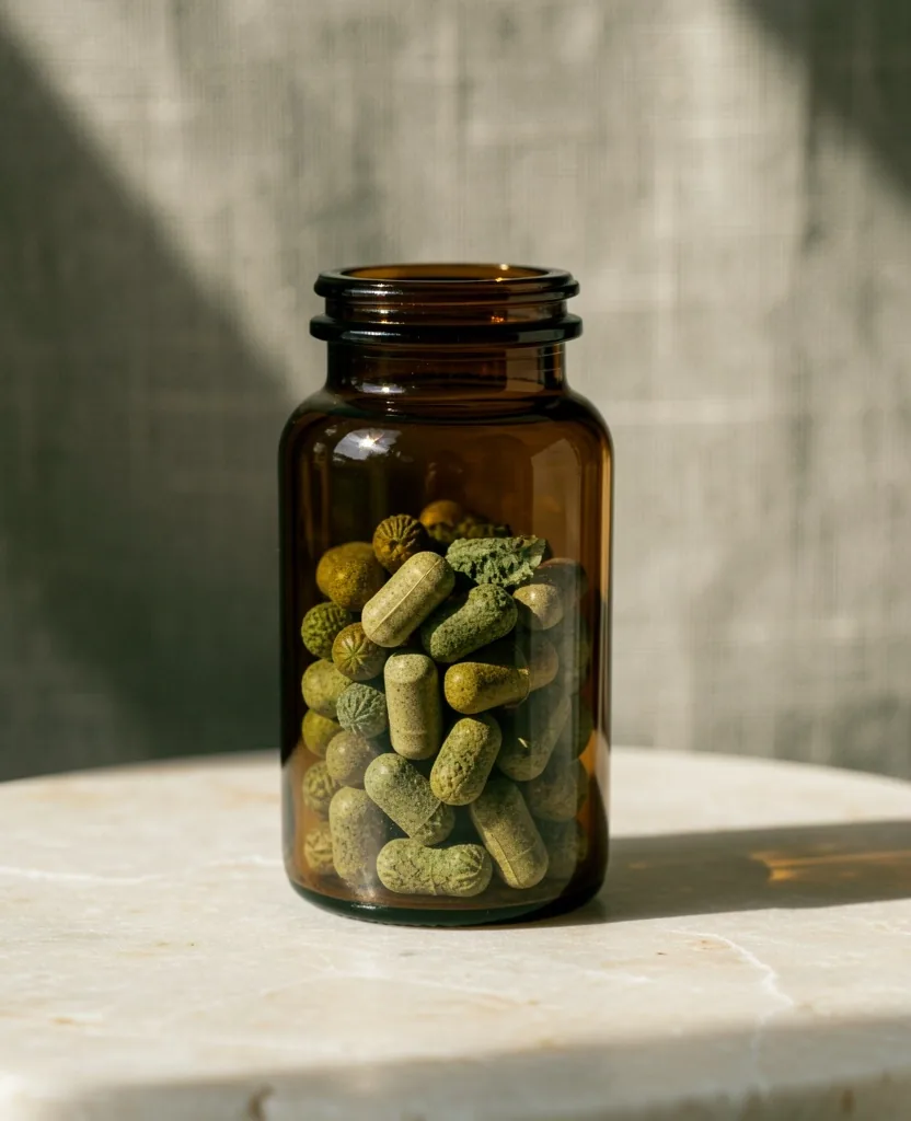 Natural botanical capsules in amber glass apothecary bottle