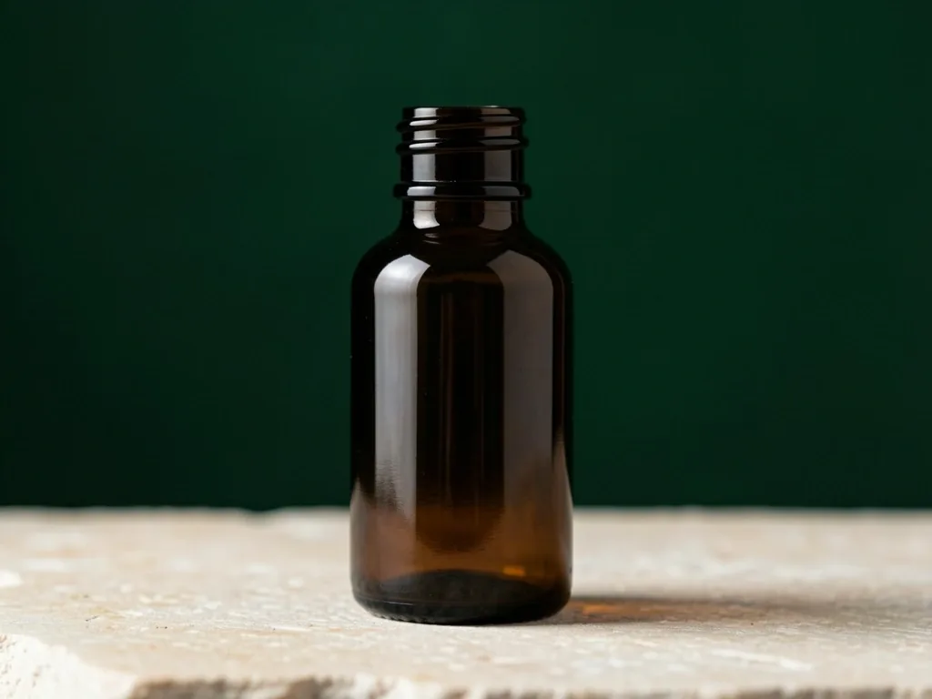 Dark amber glass apothecary bottle on a stone surface