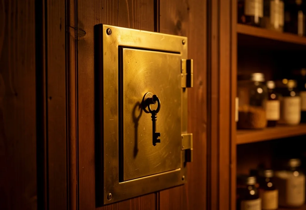 Locked brass cabinet door on a dark wood panel