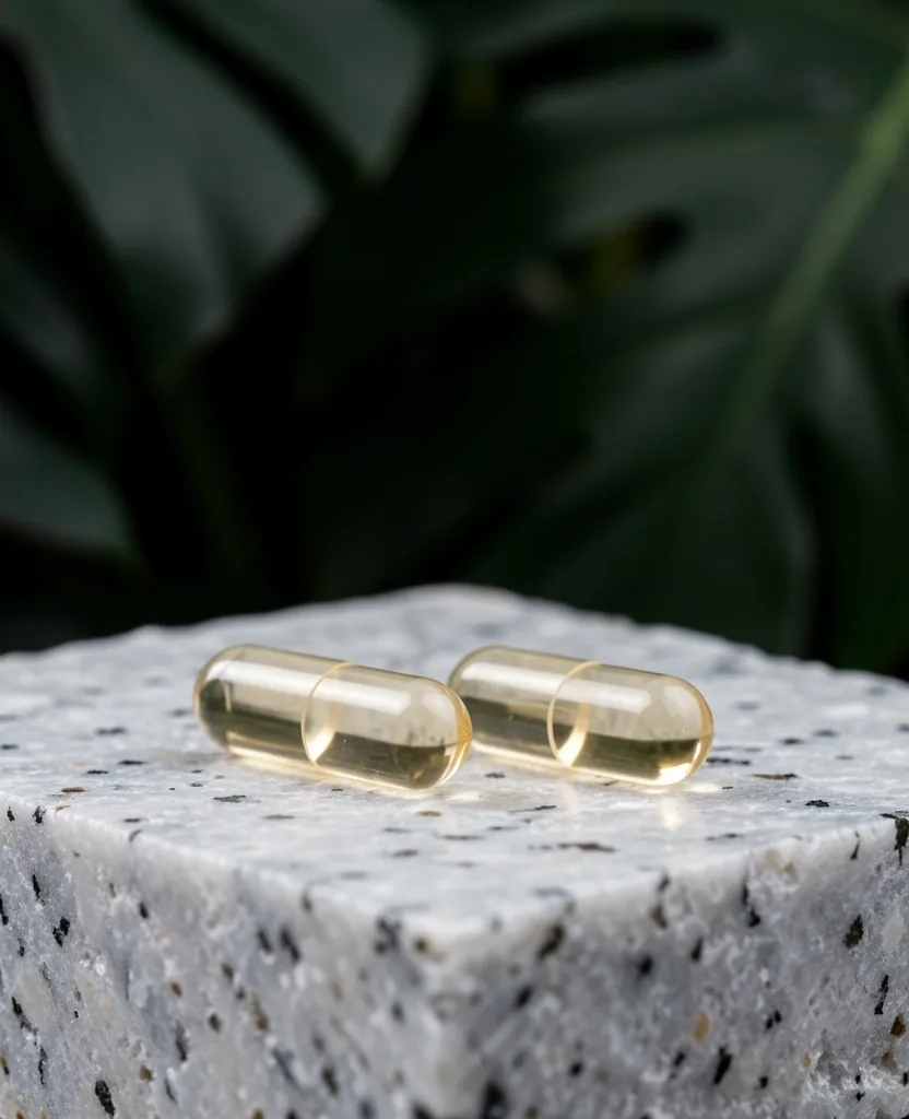 Botanical supplement capsules in dark amber glass