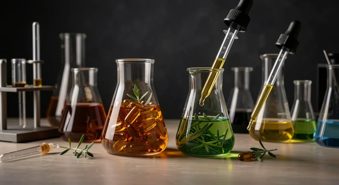 Laboratory bench with botanical extract beakers